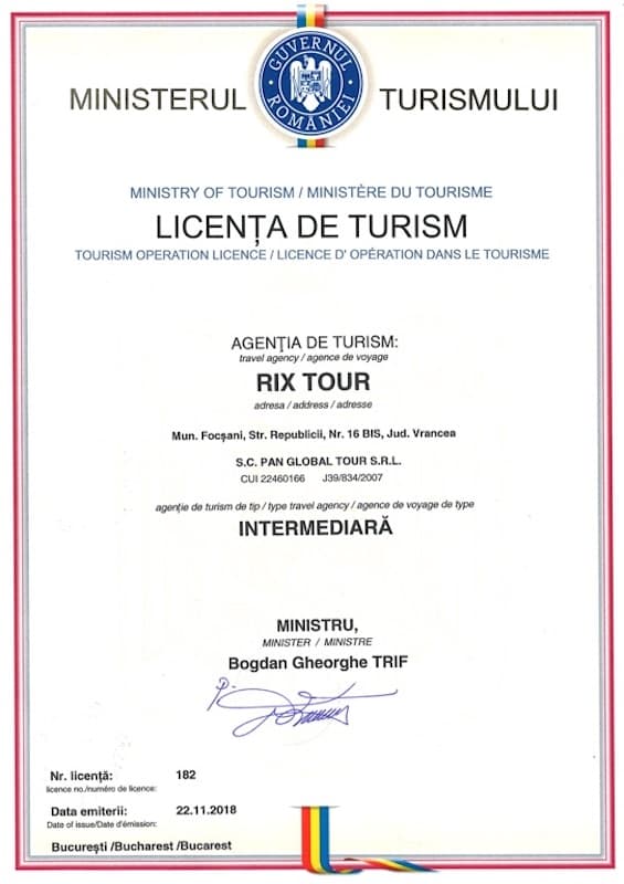 Licență de turism nr. 182 — Rix Tour